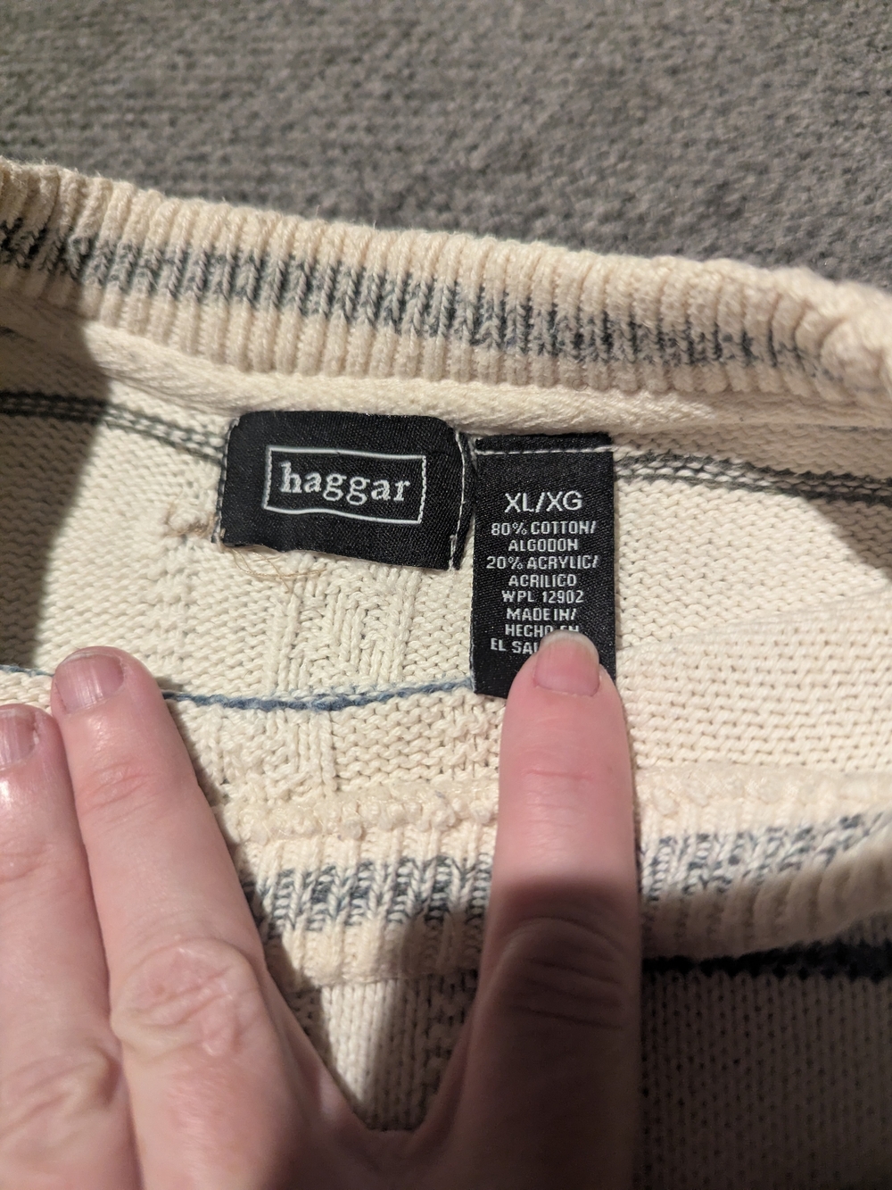 Haggar Cream Crewneck Sweater with Gray and Light Blue Stripes